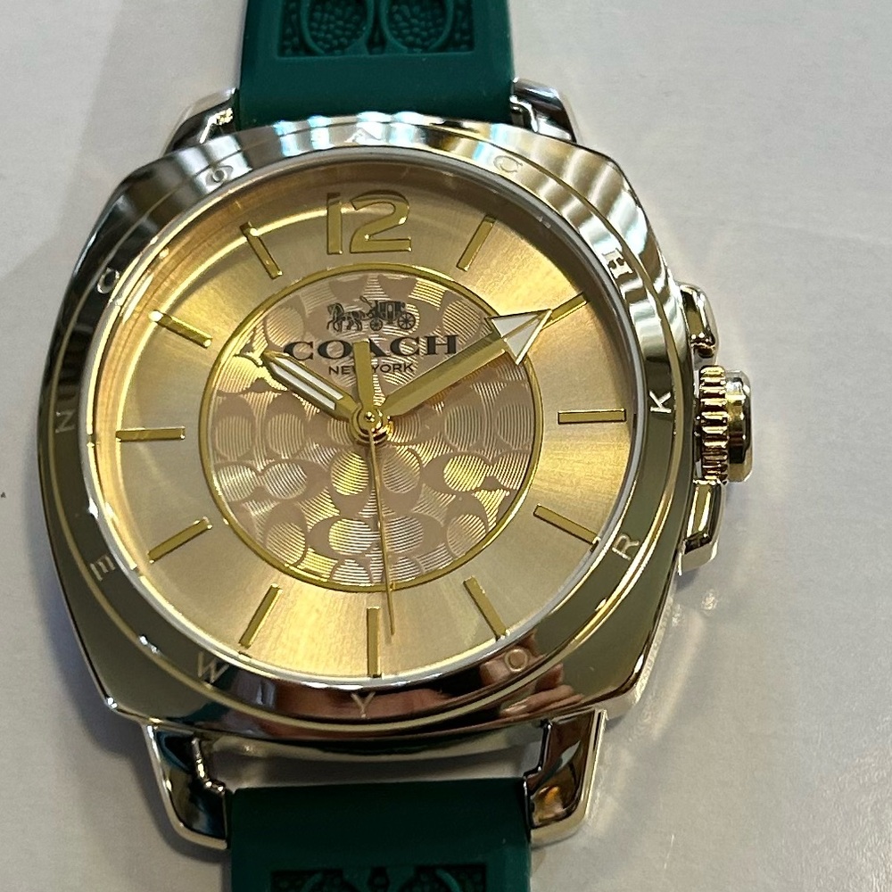 Coach Boyfriend Watch With 34mm Golden Face & Green Rubber Strap - Picture 2 of 12